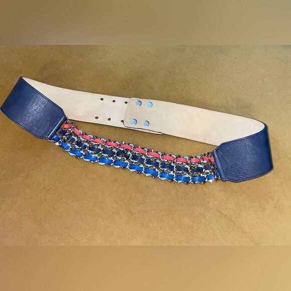 Rene Lezard Accessories - Rene Lezard Belt Navy Leather W/Silver Chains 35”